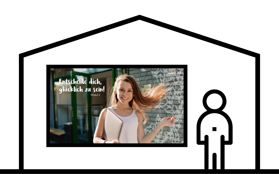 Symbol Powerpoint auf Monitor mit Gebäudeumriss